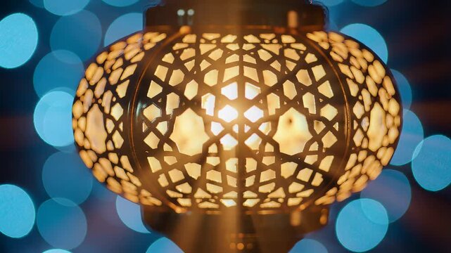 Close-up of a glowing lantern with intricate metalwork against a backdrop of blue bokeh lights, perfect for decorative or cultural themes.