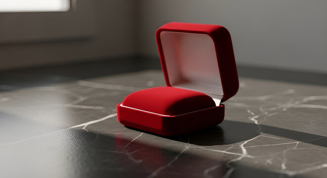 Empty red velvet jewelry box open on a dark marble surface with natural light and shadows