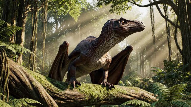 Flying Reptile Dinosaur Perched on Tree in Dense Prehistoric Jungle, Detailed Creature with Wings and Sunlight Rays Through Forest
