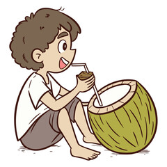 Cartoon boy drinking coconut water, refreshing summer illustration, tropical vacation, kids' beverage concept