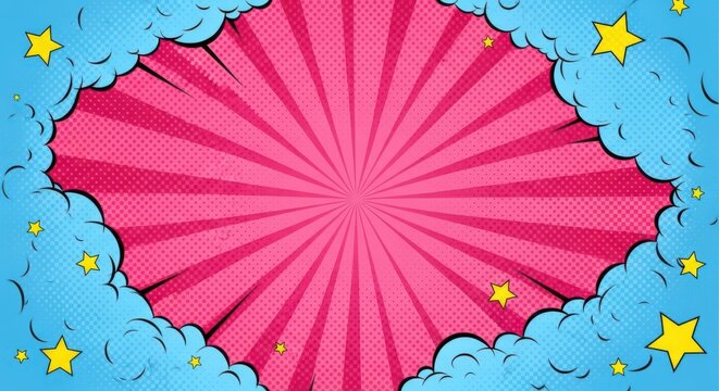 A vibrant cartoon background with pink rays and blue clouds