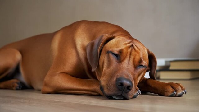A Rhodesian Ridgeback dog with a short brown coat lies sleeping on a light-colored wooden floor in a cozy home environment with its head resting on its paws near a stack of books.