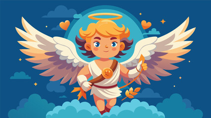 Fototapeta premium Cute angel character with wings and a halo holding a branch and standing on clouds