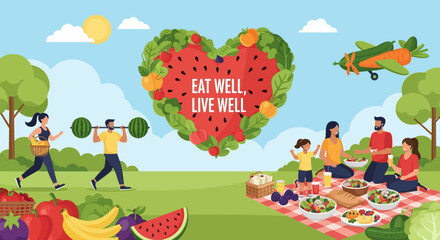 Obraz premium Healthy lifestyle picnic, fitness, organic food, heart shape fruit and vegetables, family fun
