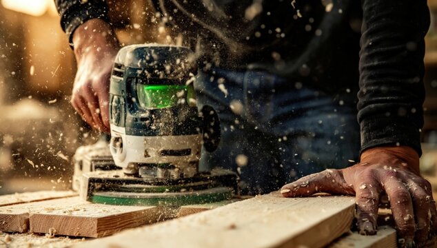 A person uses a handheld power sander to smooth a wooden plank, with dust particles flying in a workshop setting.