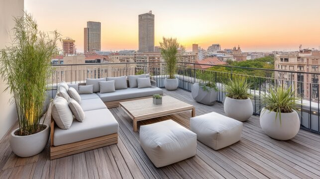 Modern Rooftop Terrace Lounge with Cushioned Seating and Urban View