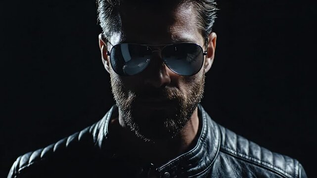 Mysterious Man in Sunglasses and Leather Jacket on Dark Background.