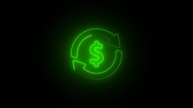 Bright neon green dollar sign with circular arrows in continuous motion cycle symbolizing financial growth cyclical economy and investment concept on dark background