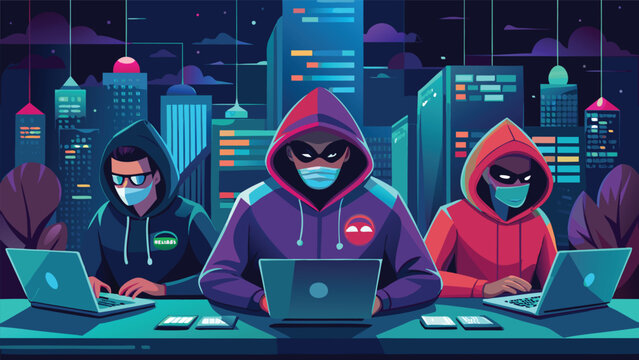 Three people work on laptops at night in a city with high buildings and bright lights, focused on their tasks and wearing masks