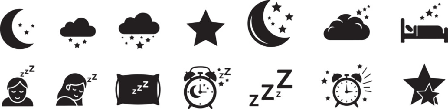Sleep and night icon set with moon stars cloud bed and alarm minimal silhouette vector