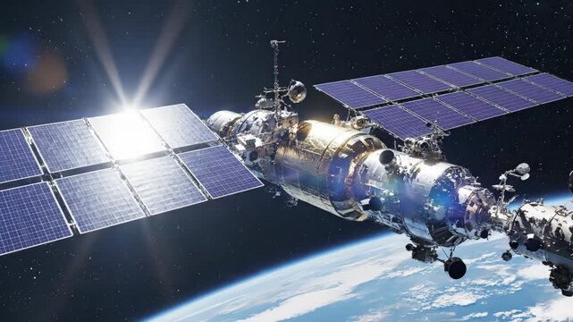 Space station orbiting Earth with solar panels illuminated by sunlight, showcasing intricate details of its structure and components against the backdrop of space