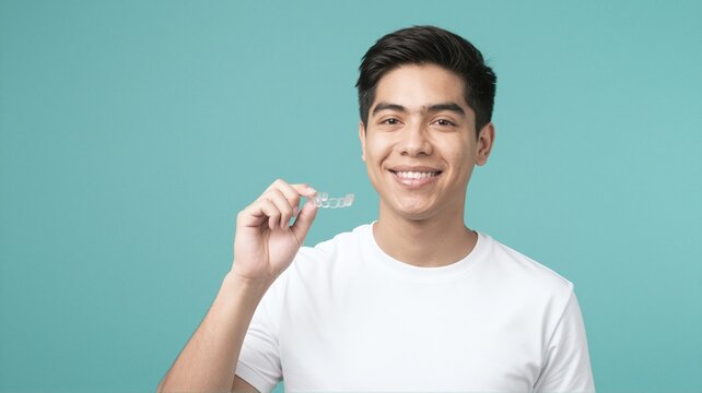 Smiling young man holding clear aligner in hand against blue backdrop, showcasing teeth straightening