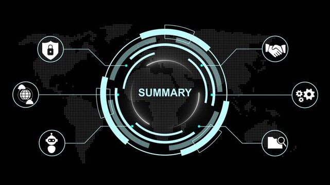 Central circular hub labeled Summary connected by lines to surrounding hexagonal representing data analysis security and teamwork