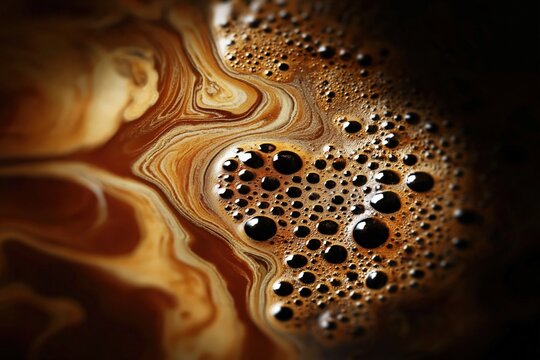 Close-up of coffee foam with swirling patterns and bubbles creating a rich, textured surface in warm brown and cream tones.