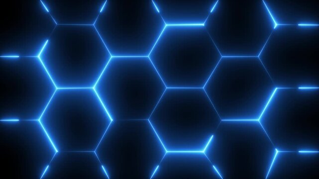 Futuristic glowing blue hexagonal grid background seamless loop abstract technology digital honeycomb pattern with neon lights futuristic sci-fi theme