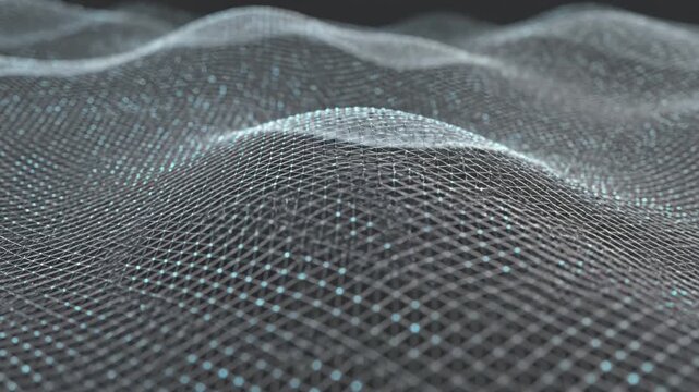 Abstract digital landscape with flowing mesh surface, showcasing a continuous wave pattern and illuminated nodes against a dark background in a visually captivating sequence
