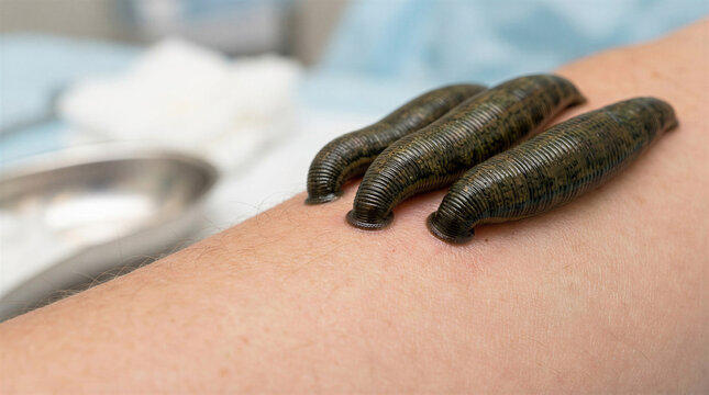Leeches on arm during alternative medicine treatment in clinic setting  