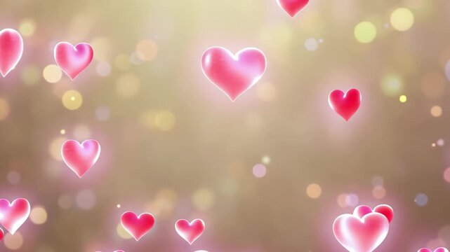 The pink hearts from the reference image begin to float upwards in slow motion, soft drifting movement, ethereal glowing bokeh, shallow depth of field, dreamlike atmosphere, cinematic lighting.