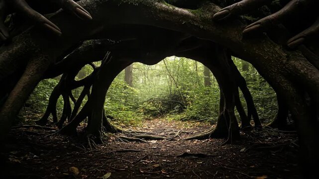 Ancient tree roots forming an archway entrance in a forest
