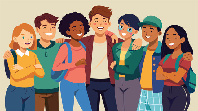 Group of young people smiling and standing together in a casual setting with backpacks during daytime
