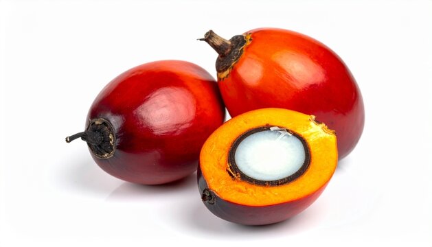 Fresh oil palm fruits with one cut in half showing the kernel, isolated on a white background