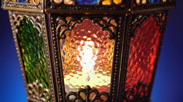 Vibrant stained glass lantern with colorful mosaic panels and ornate metalwork, glowing warmly on a dark background