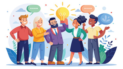 Fototapeta premium Group of people sharing ideas during a creative meeting in an office setting with light bulb symbolizing innovation