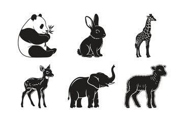 Obraz premium Wild animal silhouette set bundle including panda elephant and deer.