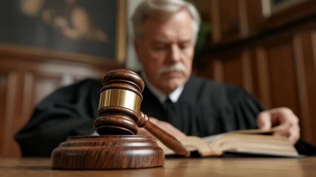 Justice concept, court official focused on legal judgment, upholding fairness and equity, gavel on bench, judiciary professional reading law book, seeking truth