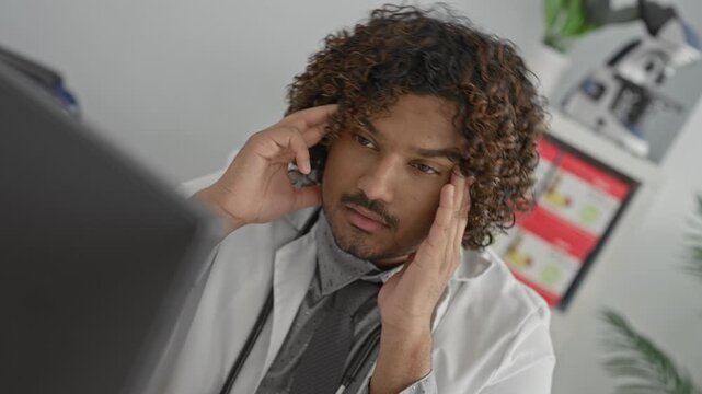 Man young indian doctor rubbing temples with stethoscope at computer in building; fatigue workload pressure.