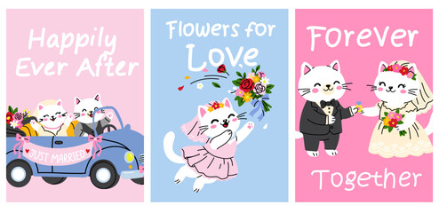 Fototapeta premium Kawaii Cat Wedding Cards Happily Ever After Collection