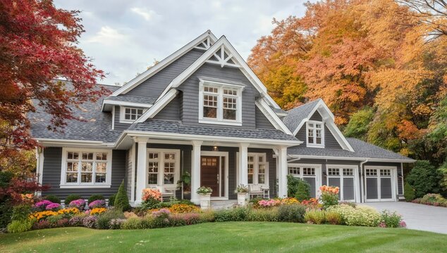 A charming gray house with white trim surrounded by vibrant autumn foliage and a well-maintained garden in a peaceful suburban setting.