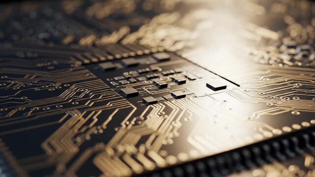 Close-up view of a black circuit board with intricate gold traces and a central microchip, showcasing electronic components in a well-lit environment