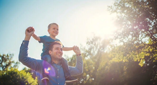 Happy father carrying son on shoulders in sunny park, joyful dad and child bonding outdoors, family leisure time during golden hour summer sunset