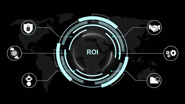 Central circular hub labeled ROI connected by lines to surrounding hexagonal representing data analysis security and teamwork