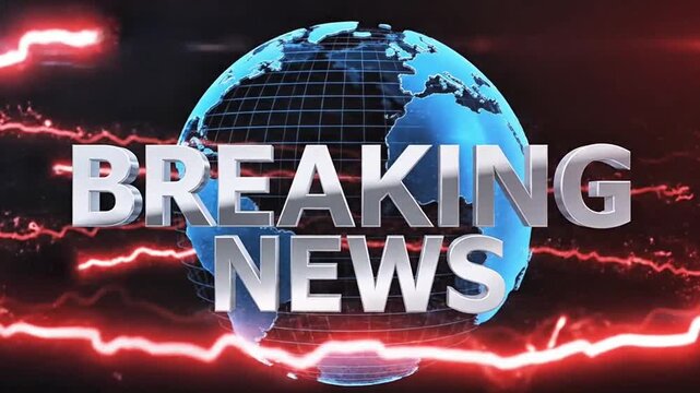 Breaking news headline with lightning and global map background