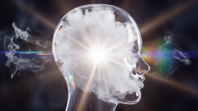 Cinematic transparent human head revealing swirling cloud and bursting light, symbolizing consciousness, creativity, and epiphany