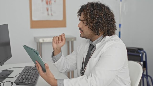 Man doctor points finger at tablet while holding stethoscope by a computer monitor and keyboard in building clinic office; medical care concern.