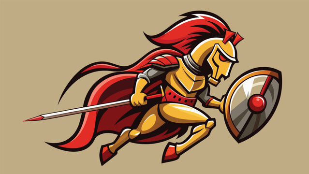 Warrior in armor runs with shield and spear during a battle scene on a neutral background