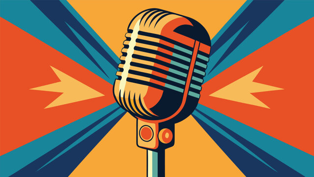 Retro style microphone in bright colors with graphic design elements in the background