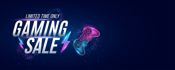 Gaming sale banner. Shopping poster or cover with flash icon and blue and purple 3d gamepad with moving laser beams effect on dark background. Vector illustration. © sersupervector