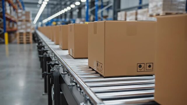 Cardboard boxes move along a conveyor belt in a modern warehouse, showcasing the continuous flow of packaged goods ready for distribution and storage