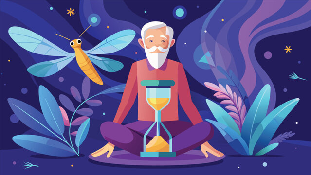Elderly man sitting cross-legged with hourglass and dragonfly in a colorful background