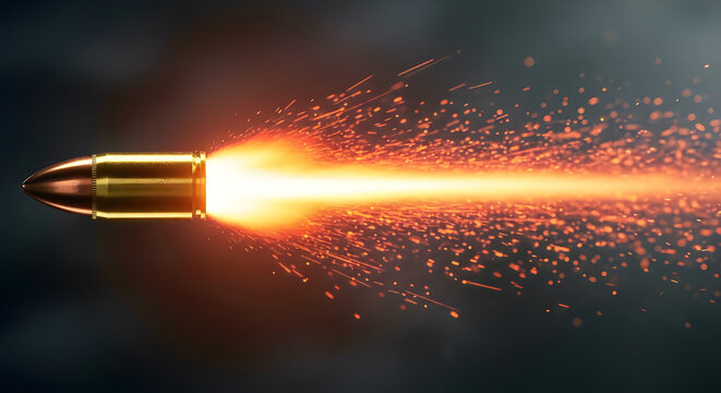 High-speed flying bullet with orange fire sparks, metal projectile in motion with muzzle flash, cinematic ammunition shot on dark background