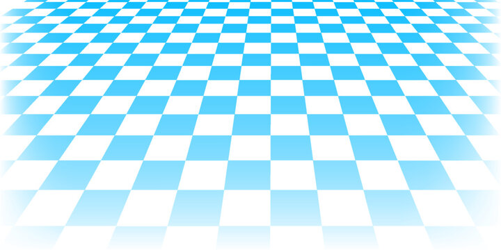 Blue checkerboard floor fading in perspective. Pool checkered tile pattern background. Vintage empty bath room checker stage. Vector vanishing kitchen floor