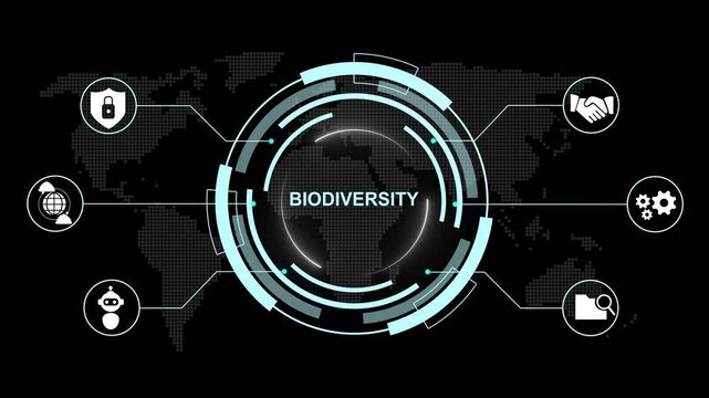 Central circular hub labeled Biodiversity connected by lines to surrounding hexagonal representing data analysis security and teamwork