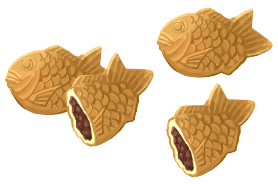 たい焼き(つぶあん)の手描き厚塗りイラストセット 和菓子素材