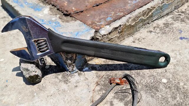 Heavy Duty Adjustable Wrench Large Industrial Shifting Spanner on Rusted Surface