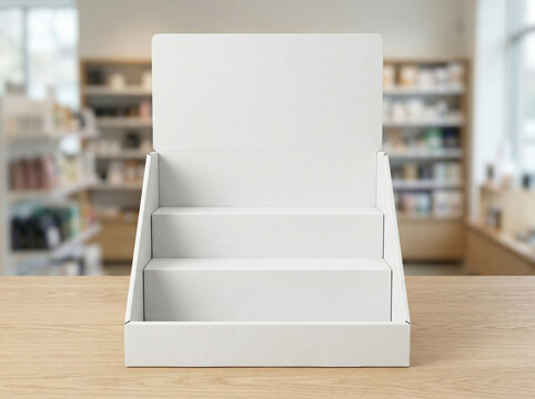 White Cardboard Counter Display Unit Mockup on Wooden Table in Retail Store Background