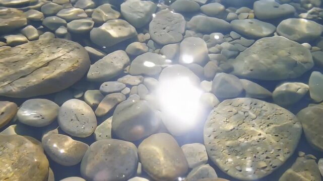 Underwater view of smooth pebbles and stones illuminated by sunlight, showcasing the clear water and natural textures of the riverbed in a serene environment